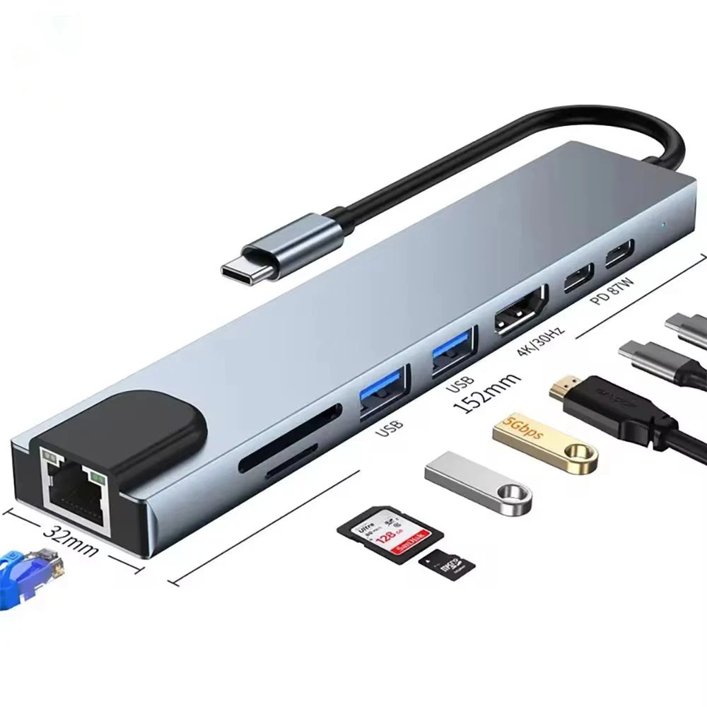 Hub USB-C 8-en-1 – HDMI 4K, PD 87W, LAN, USB 3.0, SD/microSD