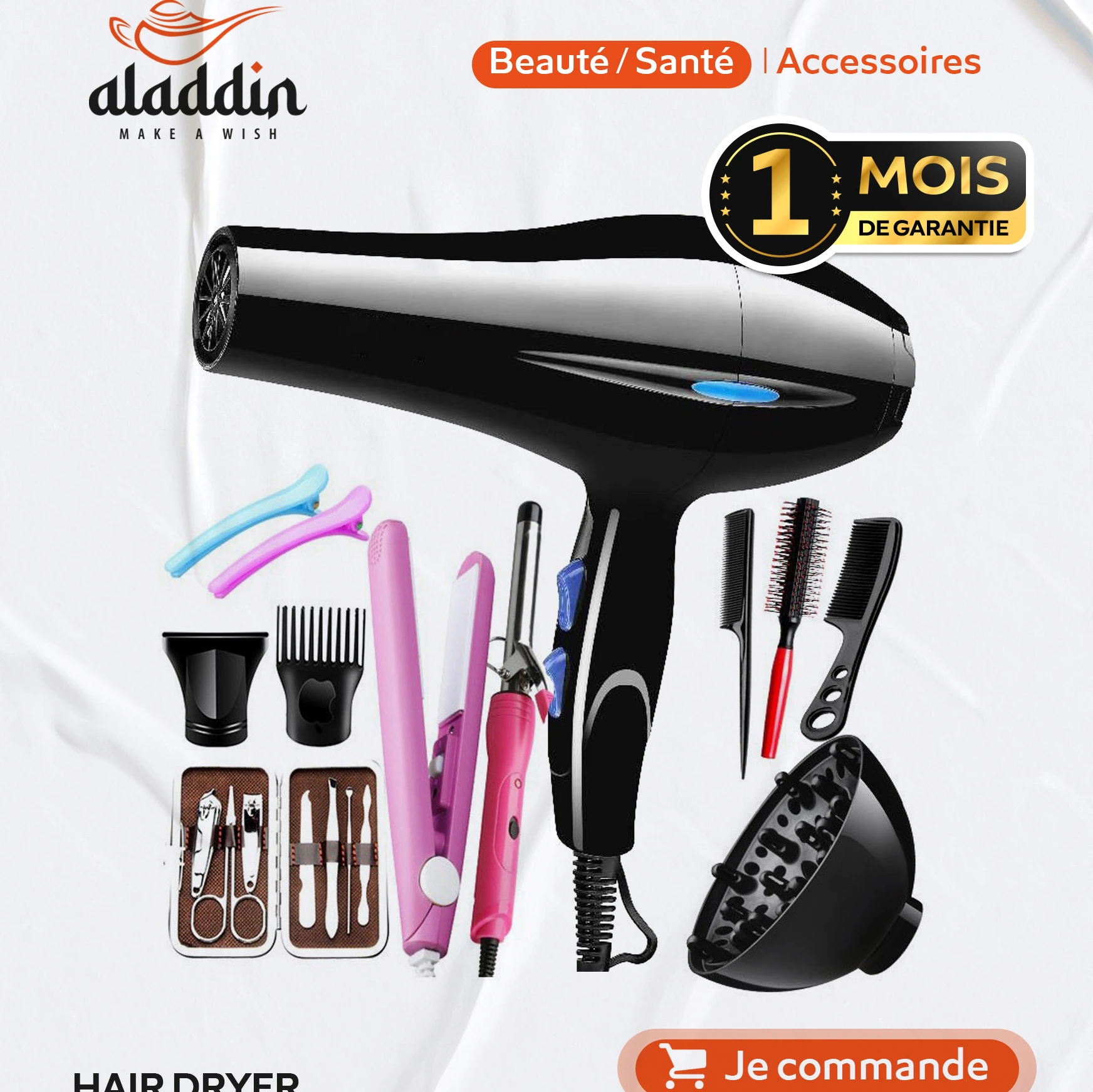 Sèche-cheveux avec kit d’accessoires – Brushing, boucles & volume