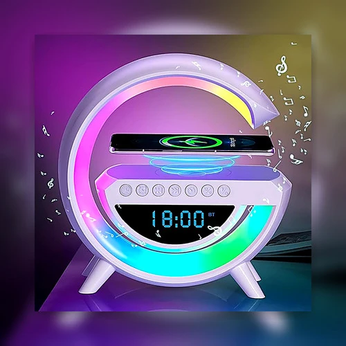 Enceinte LED rechargeable – Halo RGB, support smartphone, affichage digital